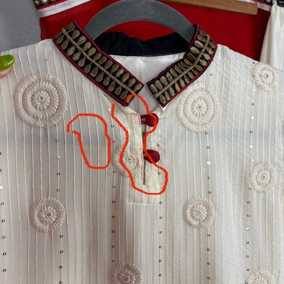 Approx S/M Cream White Red Kurta Set Top Pants & Dupatta Embellished Embroidered - Picture 6 of 16